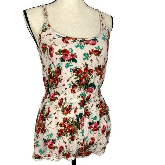 Wet Seal Floral Romper Shorts Spaghetti Strap Pantsuit Cream Red Womens Size Med - Picture 1 of 12